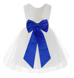 Knee Length White Lace V-Back Flower Girl Dress with Tiebow for Toddlers Ceremonial Gown 206T(2)