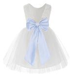 Knee Length White Lace V-Back Flower Girl Dress with Tiebow for Toddlers Ceremonial Gown 206T(1)