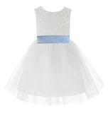 Knee Length White Lace V-Back Flower Girl Dress with Tiebow for Toddlers Ceremonial Gown 206T(4)