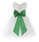 Knee Length White Lace V-Back Flower Girl Dress with Tiebow for Toddlers Ceremonial Gown 206T(1)