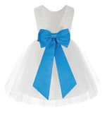 Knee Length White Lace V-Back Flower Girl Dress with Tiebow for Toddlers Ceremonial Gown 206T(1)