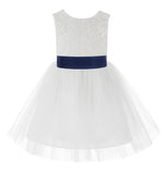 Knee Length White Lace V-Back Flower Girl Dress with Tiebow for Toddlers Ceremonial Gown 206T(1)