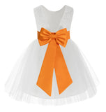 Knee Length White Lace V-Back Flower Girl Dress with Tiebow for Toddlers Ceremonial Gown 206T(4)