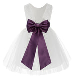 Knee Length White Lace V-Back Flower Girl Dress with Tiebow for Toddlers Ceremonial Gown 206T(3)