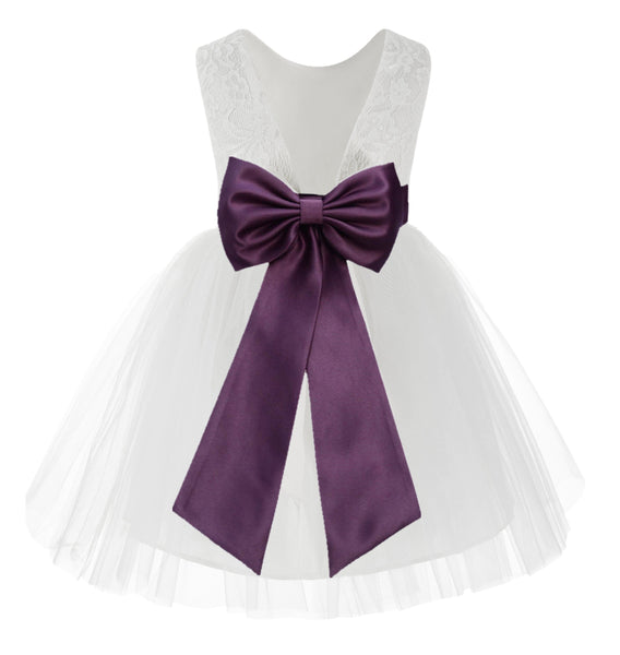 Knee Length White Lace V-Back Flower Girl Dress with Tiebow for Toddlers Ceremonial Gown 206T(3)