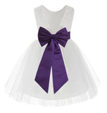 Knee Length White Lace V-Back Flower Girl Dress with Tiebow for Toddlers Ceremonial Gown 206T(3)