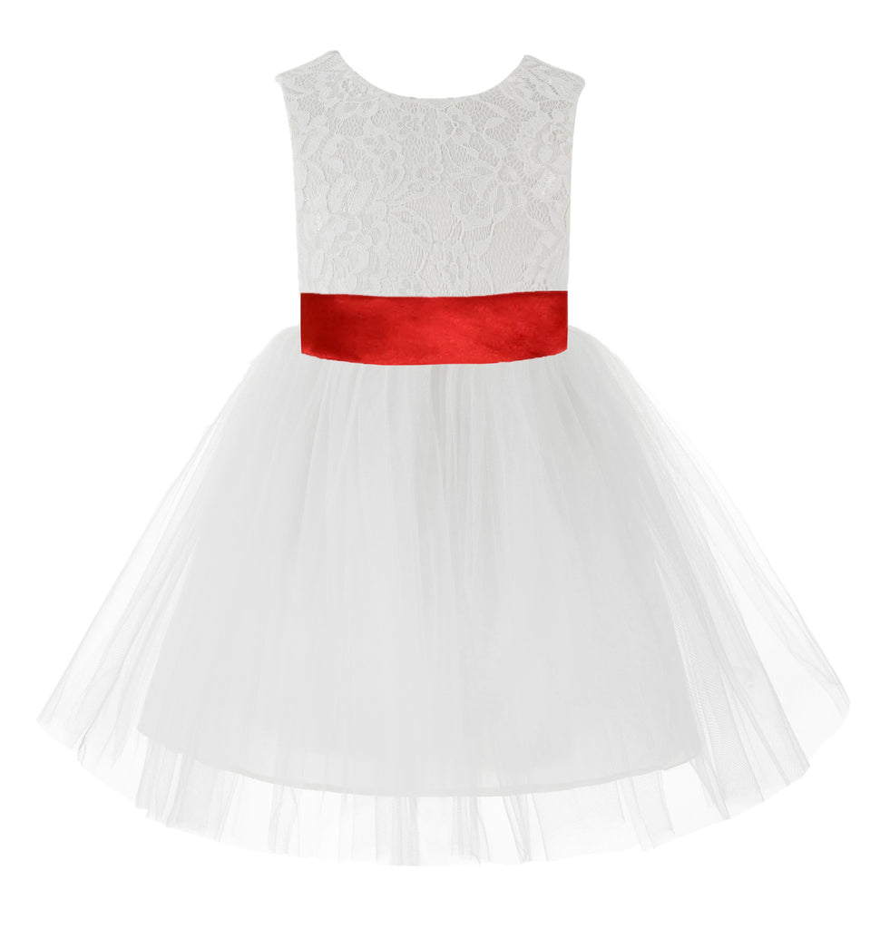 Knee Length White Lace V-Back Flower Girl Dress with Tiebow 206T(2) White / Cabernet / 12-18m Knee Length White Lace V-Back Flower Girl Dress with Tiebow 206T(2) White / Cabernet / 12-18m