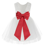 Knee Length White Lace V-Back Flower Girl Dress with Tiebow for Toddlers Ceremonial Gown 206T(2)