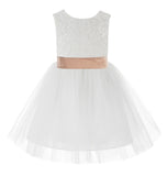 Knee Length White Lace V-Back Flower Girl Dress with Tiebow for Toddlers Ceremonial Gown 206T(2)