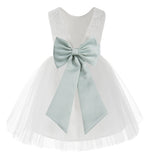 Knee Length White Lace V-Back Flower Girl Dress with Tiebow for Toddlers Ceremonial Gown 206T(3)