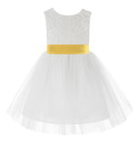 Knee Length White Lace V-Back Flower Girl Dress with Tiebow for Toddlers Ceremonial Gown 206T(2)