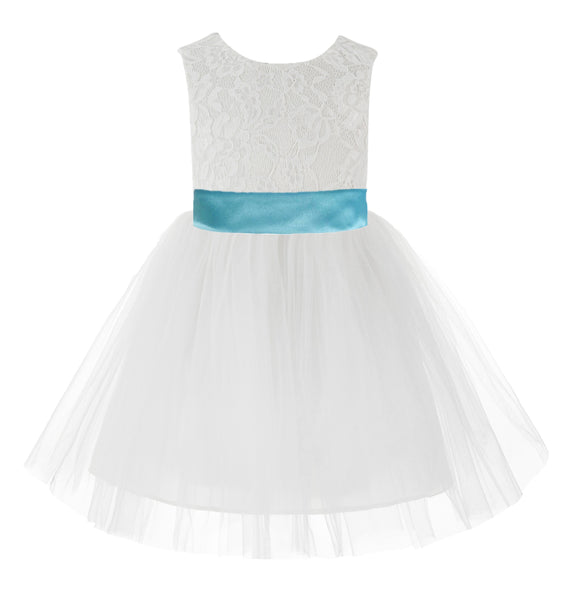 Knee Length White Lace V-Back Flower Girl Dress with Tiebow for Toddlers Ceremonial Gown 206T(2)