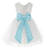 Knee Length White Lace V-Back Flower Girl Dress with Tiebow for Toddlers Ceremonial Gown 206T(2)