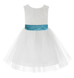 Knee Length White Lace V-Back Flower Girl Dress with Tiebow for Toddlers Ceremonial Gown 206T(2)