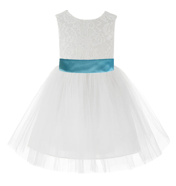 Knee Length White Lace V-Back Flower Girl Dress with Tiebow for Toddlers Ceremonial Gown 206T(2)