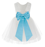 Knee Length White Lace V-Back Flower Girl Dress with Tiebow for Toddlers Ceremonial Gown 206T(2)