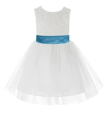 Knee Length White Lace V-Back Flower Girl Dress with Tiebow for Toddlers Ceremonial Gown 206T(2)