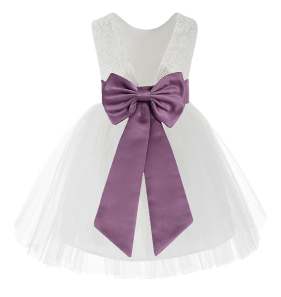 Knee Length White Lace V-Back Flower Girl Dress with Tiebow for Toddlers Ceremonial Gown 206T(4)