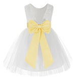 Knee Length White Lace V-Back Flower Girl Dress with Tiebow for Toddlers Ceremonial Gown 206T(5)