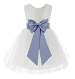 Knee Length White Lace V-Back Flower Girl Dress with Tiebow for Toddlers Ceremonial Gown 206T(1)