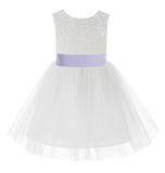 Knee Length White Lace V-Back Flower Girl Dress with Tiebow for Toddlers Ceremonial Gown 206T(2)