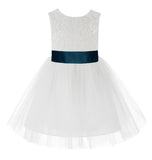 Knee Length White Lace V-Back Flower Girl Dress with Tiebow for Toddlers Ceremonial Gown 206T(3)