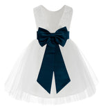 Knee Length White Lace V-Back Flower Girl Dress with Tiebow for Toddlers Ceremonial Gown 206T(3)