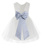 Knee Length White Lace V-Back Flower Girl Dress with Tiebow for Toddlers Ceremonial Gown 206T(2)