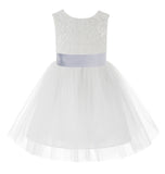 Knee Length White Lace V-Back Flower Girl Dress with Tiebow for Toddlers Ceremonial Gown 206T(2)