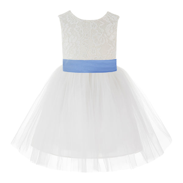 Knee Length Backless Ivory Lace Flower Girl Dress with Tiebow Dance Recital for Toddlers 206T(1)