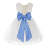 Knee Length Backless Ivory Lace Flower Girl Dress with Tiebow Dance Recital for Toddlers 206T(1)