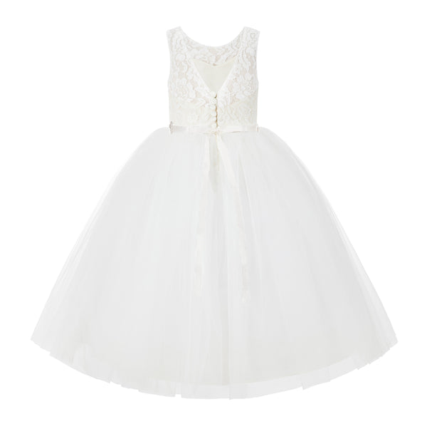 V-Back Lace Tulle Tutu Button Down Back Flower Girl Dress with Rhinestone Sash Communion Gown 212R4