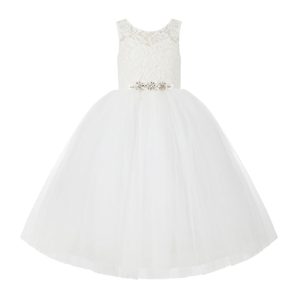 V-Back Lace Tulle Tutu Button Down Back Flower Girl Dress with Rhinestone Sash Communion Gown 212R4