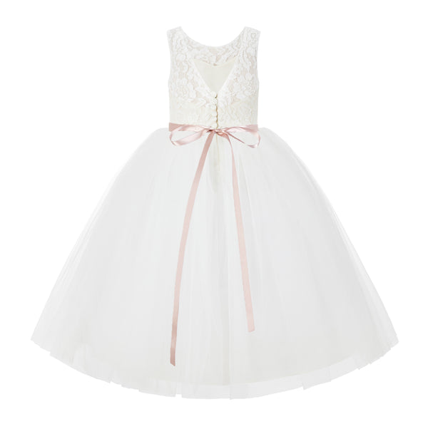 V-Back Lace Tulle Tutu Button Down Back Flower Girl Dress with Rhinestone Sash Communion Gown 212R4