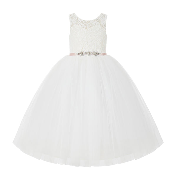 V-Back Lace Tulle Tutu Button Down Back Flower Girl Dress with Rhinestone Sash Communion Gown 212R4