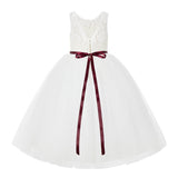 V-Back Lace Tulle Tutu Button Down Back Flower Girl Dress with Rhinestone Sash Communion Gown 212R4