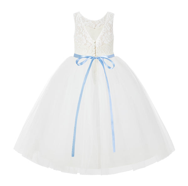 V-Back Lace Tulle Tutu Button Down Back Flower Girl Dress with Rhinestone Sash Communion Gown 212R4