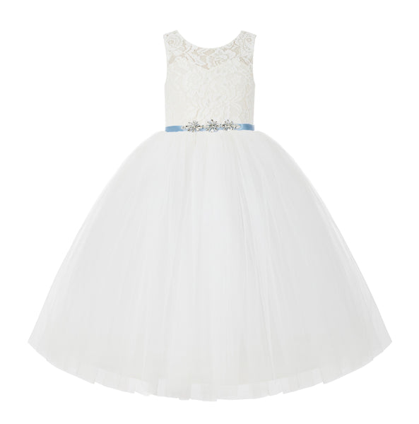 V-Back Lace Tulle Tutu Button Down Back Flower Girl Dress with Rhinestone Sash Communion Gown 212R4