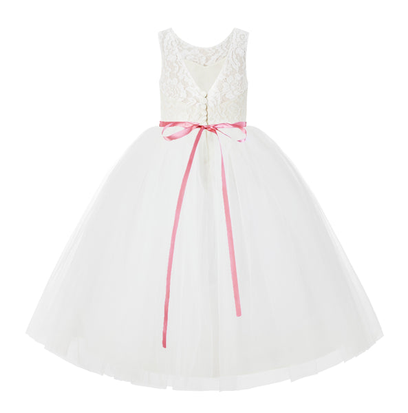 V-Back Lace Tulle Tutu Button Down Back Flower Girl Dress with Rhinestone Sash Communion Gown 212R4