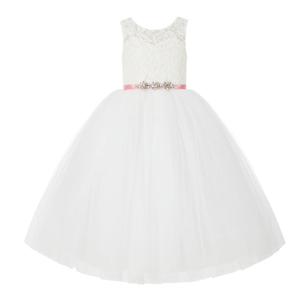 V-Back Lace Tulle Tutu Button Down Back Flower Girl Dress with Rhinestone Sash Communion Gown 212R4