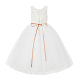 V-Back Lace Tulle Tutu Button Down Back Flower Girl Dress with Rhinestone Sash Communion Gown 212R4