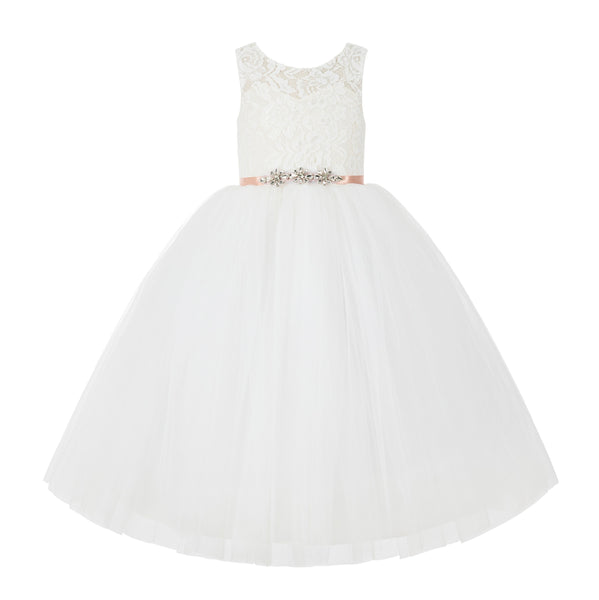 V-Back Lace Tulle Tutu Button Down Back Flower Girl Dress with Rhinestone Sash Communion Gown 212R4