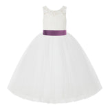 V-Back Ivory Lace Tulle Flower Girl Dress with Bow Sash Toddlers Baptism Mini Bridal Gown 212noFT(2)