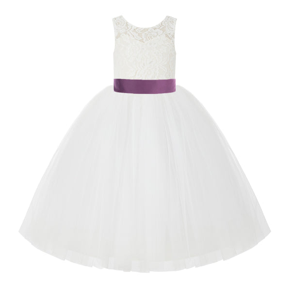 V-Back Ivory Lace Tulle Flower Girl Dress with Bow Sash Toddlers Baptism Mini Bridal Gown 212noFT(2)