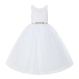 V-Back Lace Tulle Tutu Button Down Back Flower Girl Dress with Rhinestone Sash Communion Gown 212R4