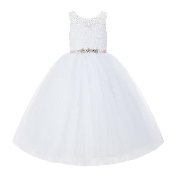 V-Back Lace Tulle Tutu Button Down Back Flower Girl Dress with Rhinestone Sash Communion Gown 212R4