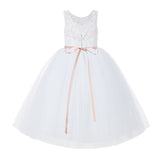 V-Back Lace Tulle Tutu Button Down Back Flower Girl Dress with Rhinestone Sash Communion Gown 212R4