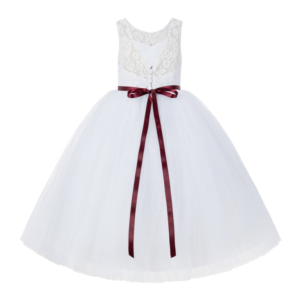 V-Back Lace Tulle Tutu Button Down Back Flower Girl Dress with Rhinestone Sash Communion Gown 212R4