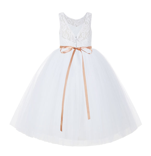 V-Back Lace Tulle Tutu Button Down Back Flower Girl Dress with Rhinestone Sash Communion Gown 212R4