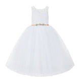 V-Back Lace Tulle Tutu Button Down Back Flower Girl Dress with Rhinestone Sash Communion Gown 212R4